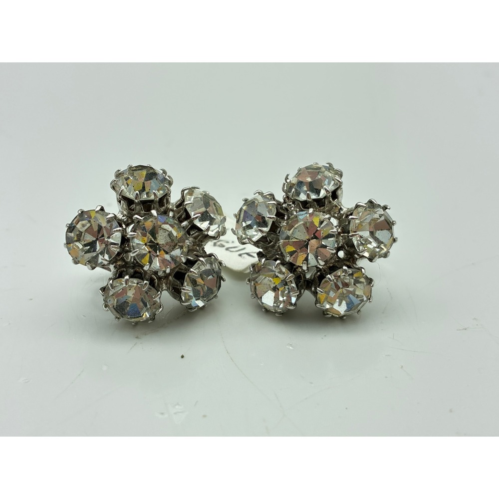 Vogue Vintage Rhinestone Clip On Earrings Silver Tone Floral Cluster Mid Century